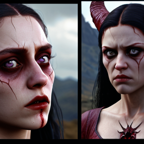 Lilith, Daughter of Hatred**

A photorealistic portrait of Lilith, Daughter of Hatred, with Caroline Faber (or Danuta Stenka's likeness, if preferred) subtly blended into her facial features. Emphasize her sorrowful yet powerful gaze. Background: a hellish landscape with subtle succubus elements. Focus on dark reds, blacks, and subtle hints of violet. Aim for a regal, yet tormented expression.

**