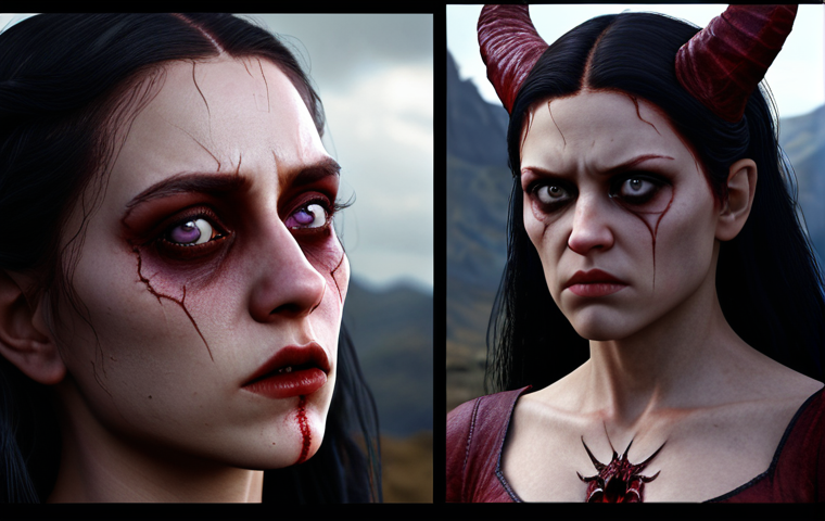 Lilith, Daughter of Hatred**
A photorealistic portrait of Lilith, Daughter of Hatred, with Caroline Faber (or Danuta Stenka's likeness, if preferred) subtly blended into her facial features. Emphasize her sorrowful yet powerful gaze. Background: a hellish landscape with subtle succubus elements. Focus on dark reds, blacks, and subtle hints of violet. Aim for a regal, yet tormented expression.
**