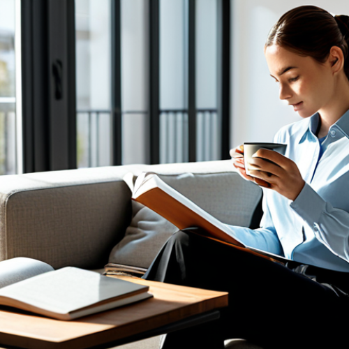 Home 17 A professional person in modest, smart casual attire, calmly sitting in a modern, sunlit living room, sipping tea while reading a book. A laptop with a simple, dark screen is visible on a nearby table, hinting at a break from digital activity. The scene is peaceful and focused. fully clothed, appropriate attire, safe for work, perfect anatomy, correct proportions, natural pose, well-formed hands, proper finger count, natural body proportions, professional photography, high quality, family-friendly.