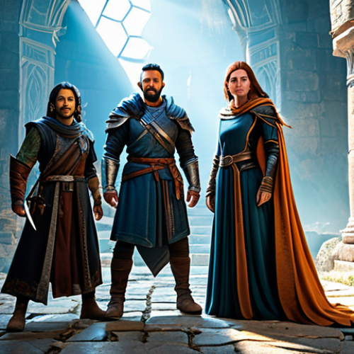 Home 8 A diverse group of four professional fantasy adventurers, including a sturdy warrior, a wise mage, an agile rogue, and a supportive healer, standing together in a natural, triumphant pose within a majestic, ancient ruin. Soft, victorious light illuminates the scene, highlighting their teamwork after overcoming a shared challenge. All subjects are fully clothed in appropriate, modest fantasy attire. Professional photography, high detail, perfect anatomy, correct proportions, natural pose, well-formed hands, proper finger count, natural body proportions, safe for work, appropriate content, family-friendly.